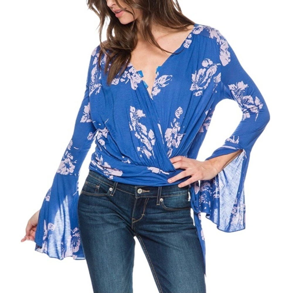 Free People Fiona Cobalt Blue Floral Bell Sleeve Wrap Blouse